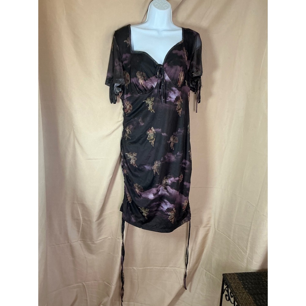 Shein‎ Curve Bodycon Dress Womens 2XL Purple Excellent Cherub Print Mesh Ruched